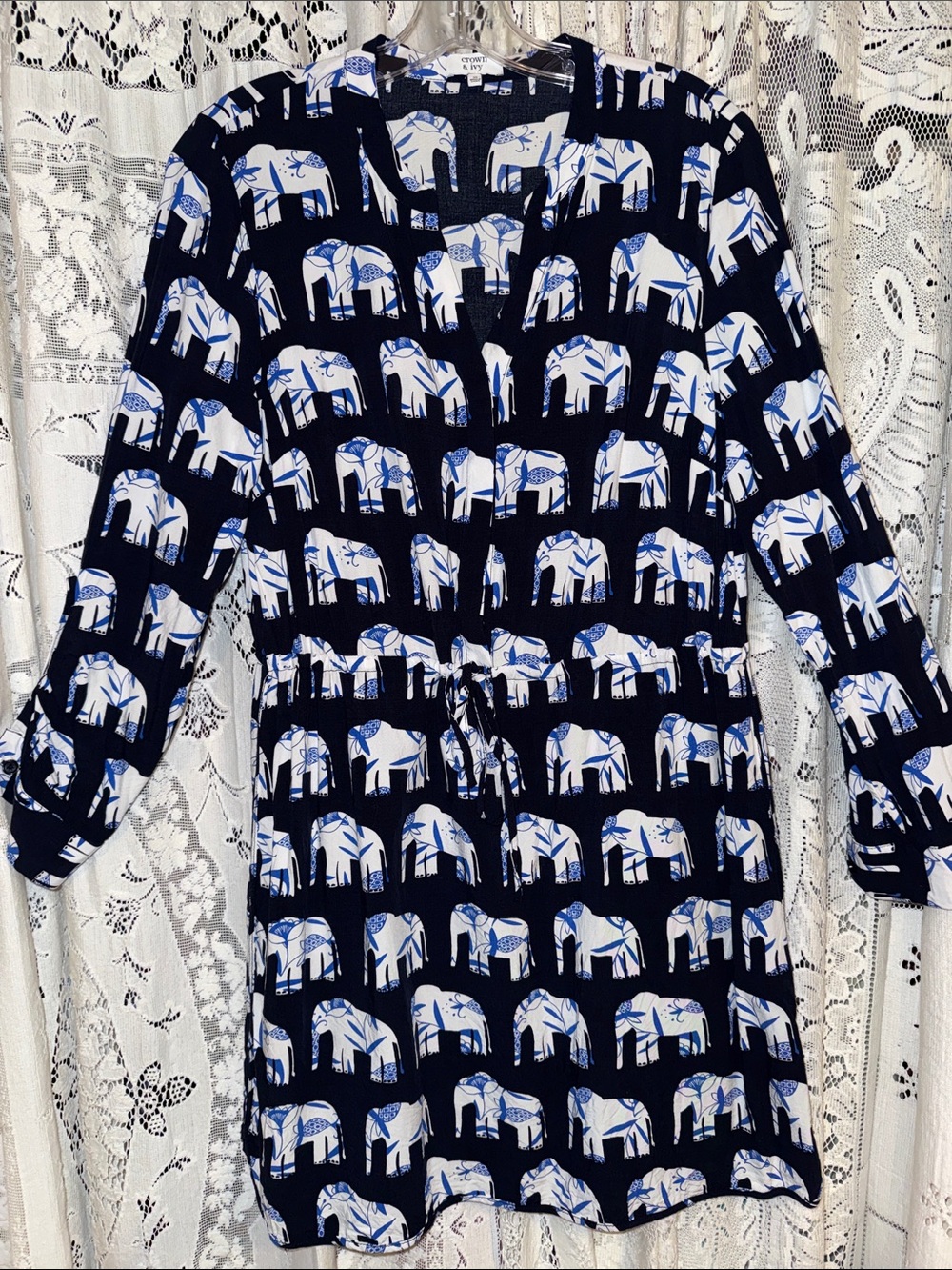 crown & ivy Navy and White Elephant Print Midi Dress